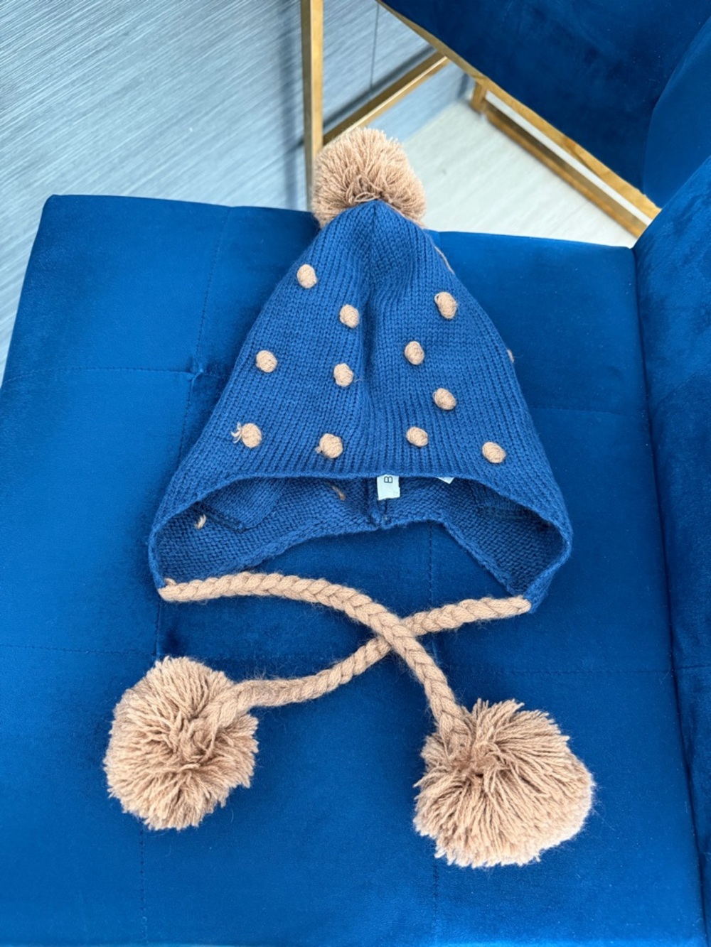 BCBGeneration Navy Blue Knit Pom Pom Kids Hat with Tan Accents